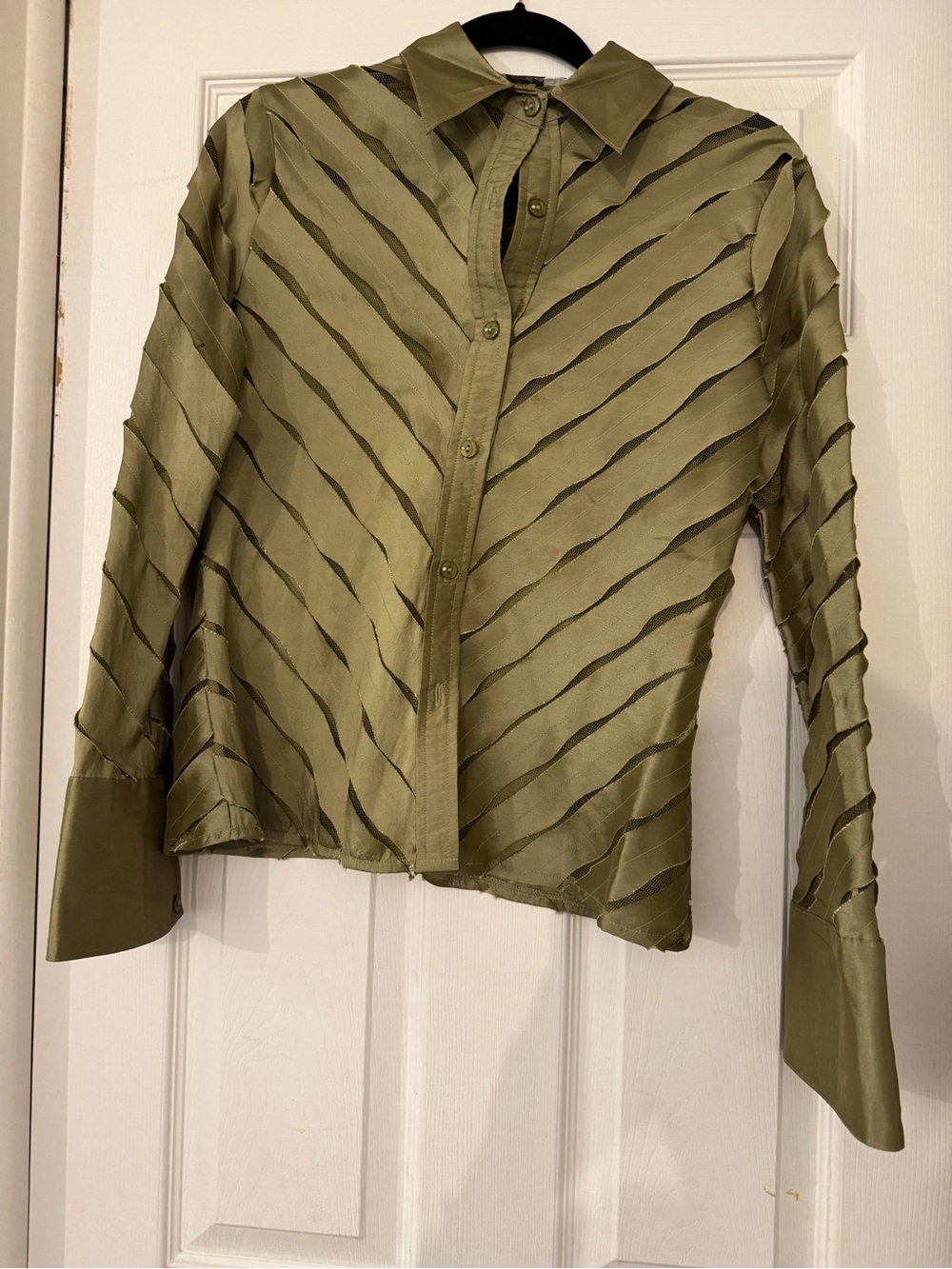 Vintage Zba Olive Green Sheer Mesh Diagonal Ribbon Sateen Button Down Blouse